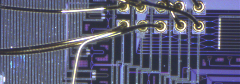 Close-up of cables plugging into a circuit board, with light reflecting dramatically on the gold of the cables. 